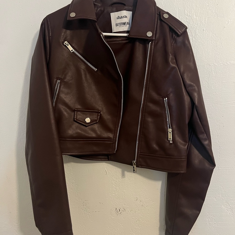 Shasa Dark Brown Leather Jacket with Silver Details